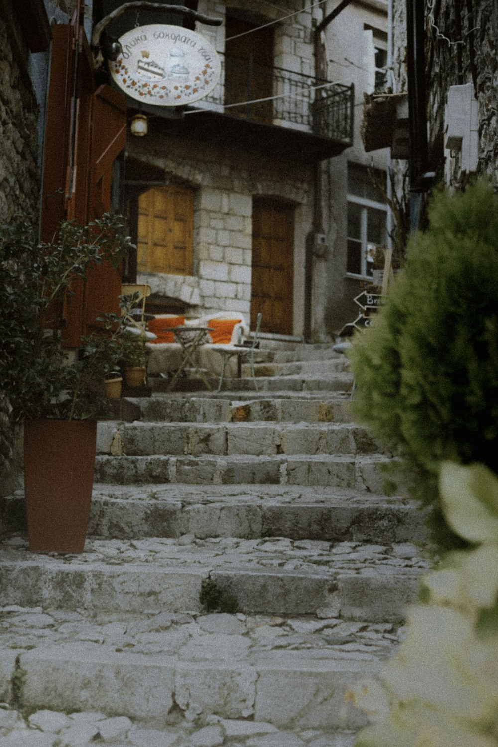 a set of stone steps leading up to a building