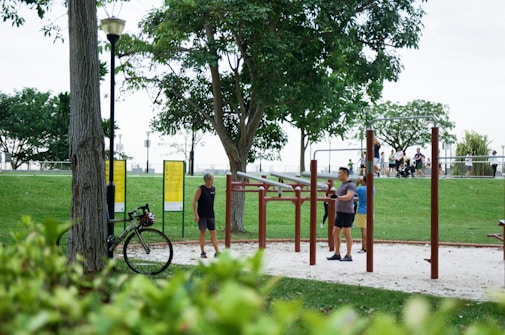 A park scene with outdoor fitness equipment and several people exercising. One person is using the horizontal bars while another stands nearby. A bicycle is parked against a tree, and there are informational signs in the background. Trees and grass surround the area, with picnic spot and a group of people in the distance.