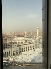 View from the deluxe room window showing the bustling streets of Makkah.