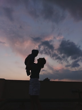 A silhouette of a person holding up a child against a dramatic sky filled with soft clouds that are tinged with shades of pink and purple.