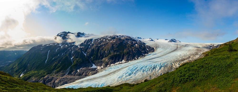 a mountain covered in snow and ice on a sunny day