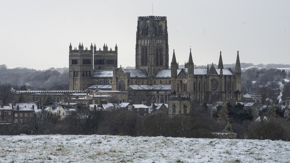 a view of a large cathedral in the snow