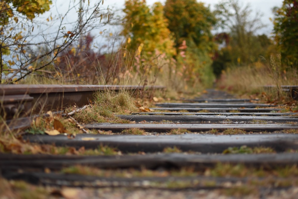 an old train track in the middle of a field