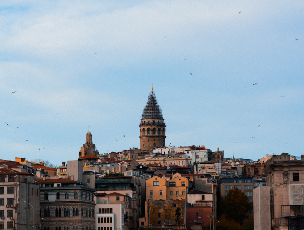 a view of a city with a very tall tower