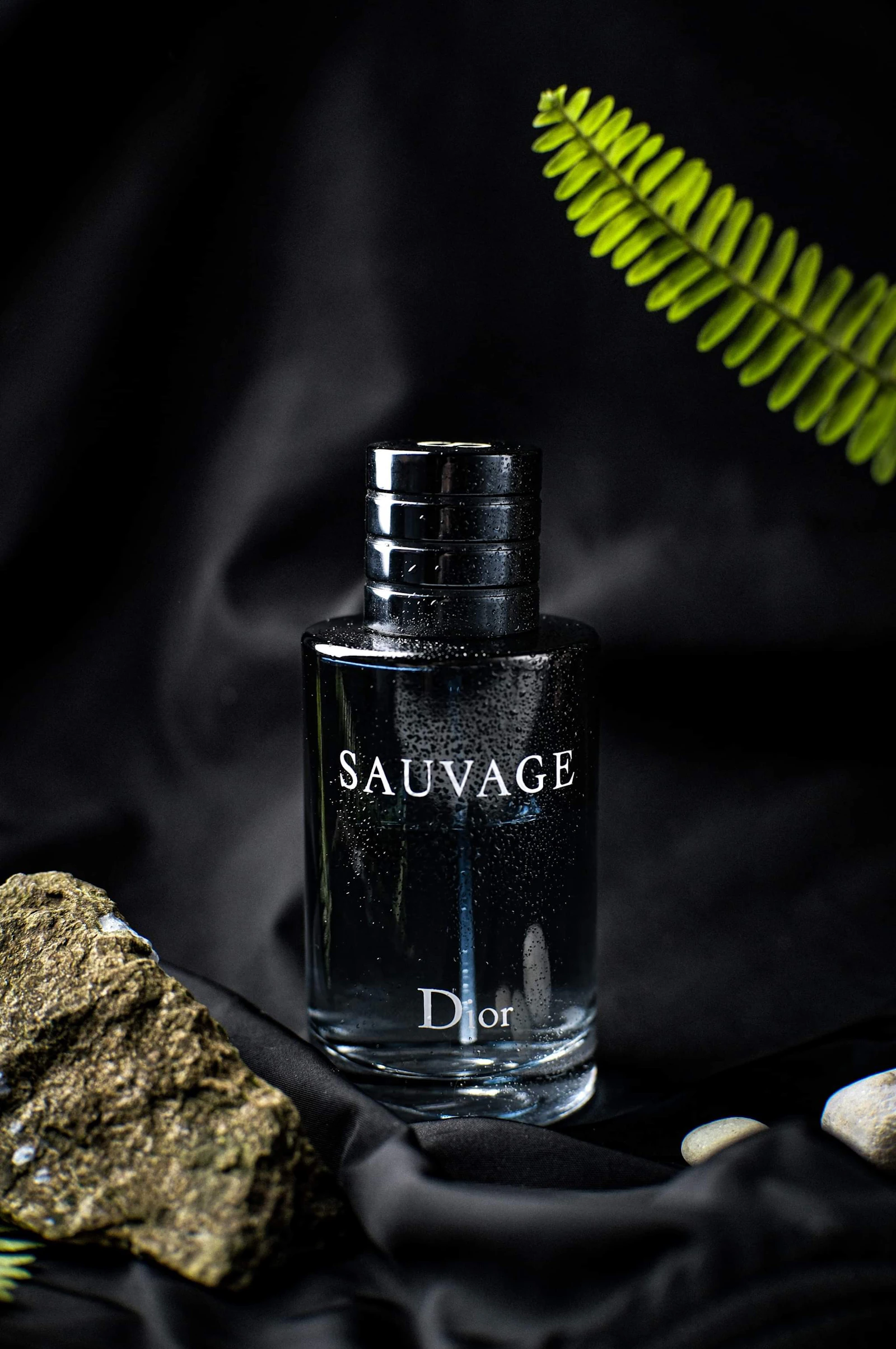 Dior Sauvage bottle next to a rock