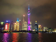 A nighttime aerial view of Shanghai’s skyline, highlighting the vibrant business district.