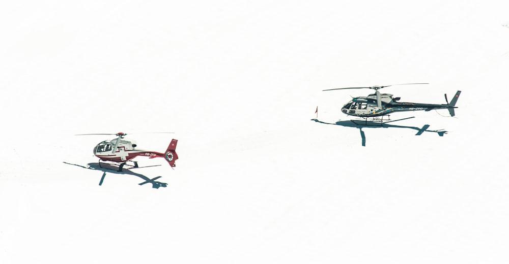 two helicopters flying side by side in the sky