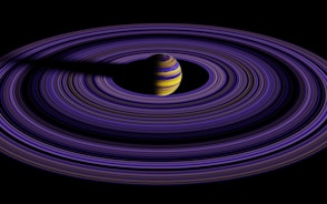 a black hole with a yellow and purple striped object in the center