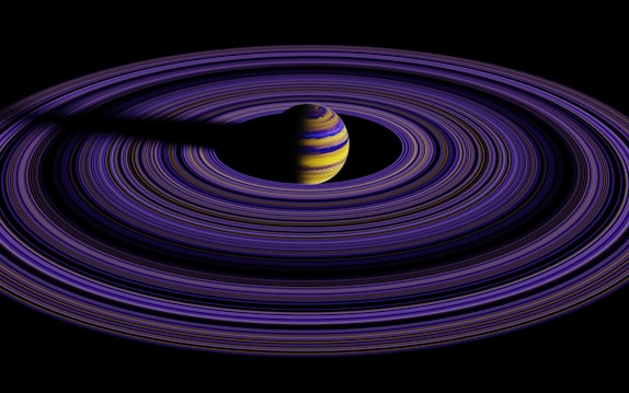 a black hole with a yellow and purple striped object in the center