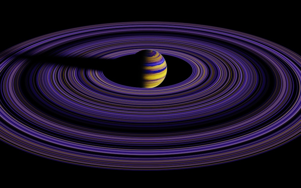 a black hole with a yellow and purple striped object in the center
