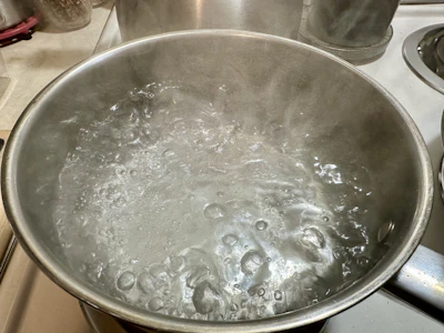 Modern water boiled pot steaming gently on a kitchen counter.