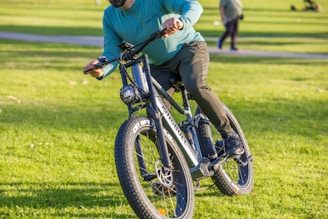 A person wearing a teal long-sleeve shirt and olive pants is riding an electric bike on a lush, green lawn. The bike is angled as if turning, showcasing its thick tires and sturdy frame. Another person is blurred in the background, walking in the park, which is sunny and serene.