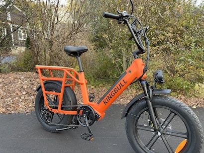 An orange electric bike with the brand name 'KINGBULL' is parked on a paved path. The bike features large, thick tires and a sturdy frame. Surrounding the bike are trees and bushes with autumn leaves scattered on the ground, creating a natural backdrop.