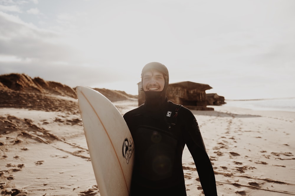 a man in a wet suit holding a surfboard on a beach