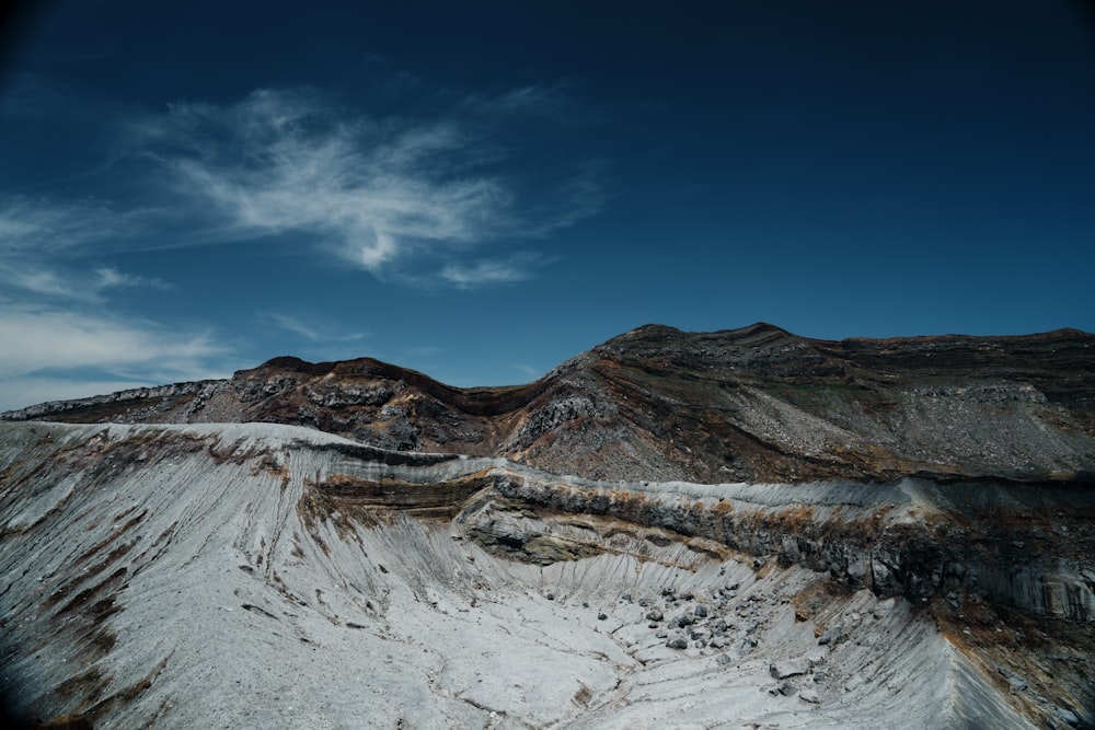 a view of a mountain range with snow on the ground