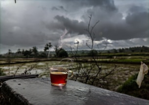 A warm cup of chai patti steaming beside a rustic wooden window with Himalayan mountains in the background.