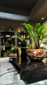 A sleek LED coffee table glowing softly in a modern living room.