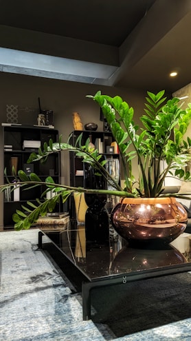 A sleek industrial metal coffee table with a matte finish sitting in a cozy living room.