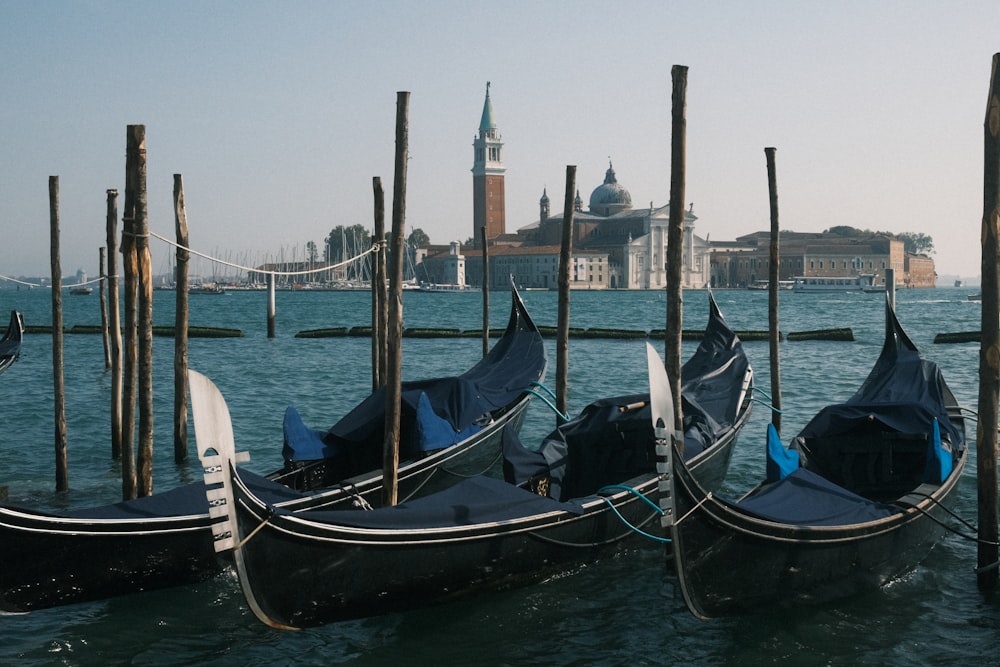 a group of gondolas tied to poles in the water