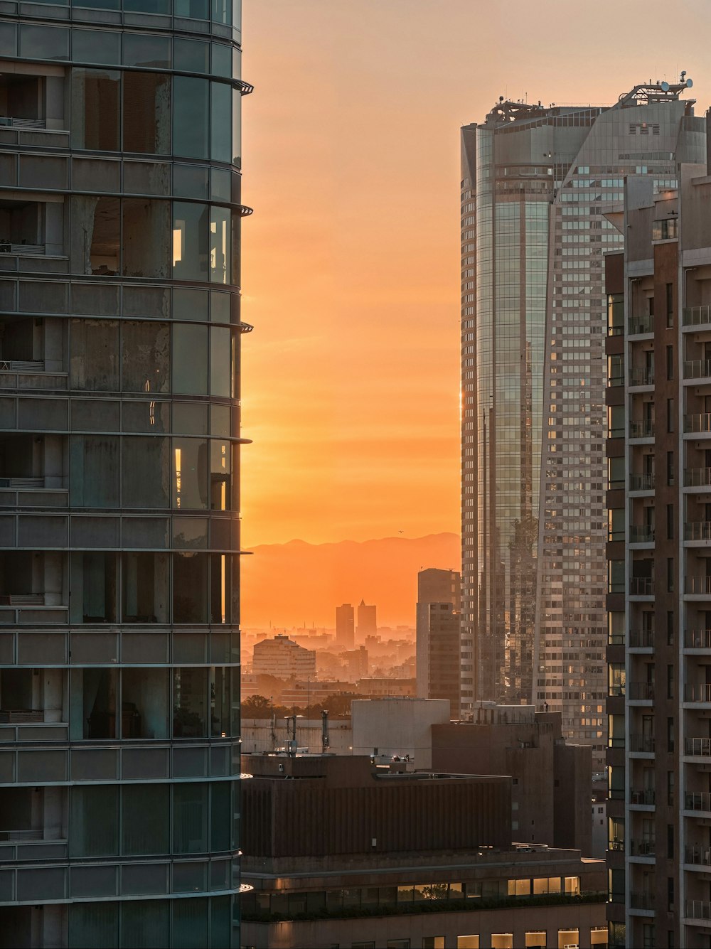 Una vista de una ciudad al atardecer desde un edificio de gran altura