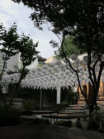 Evening group meditation outdoors with soft lantern light, blending vibrant energy and peaceful zen atmosphere.