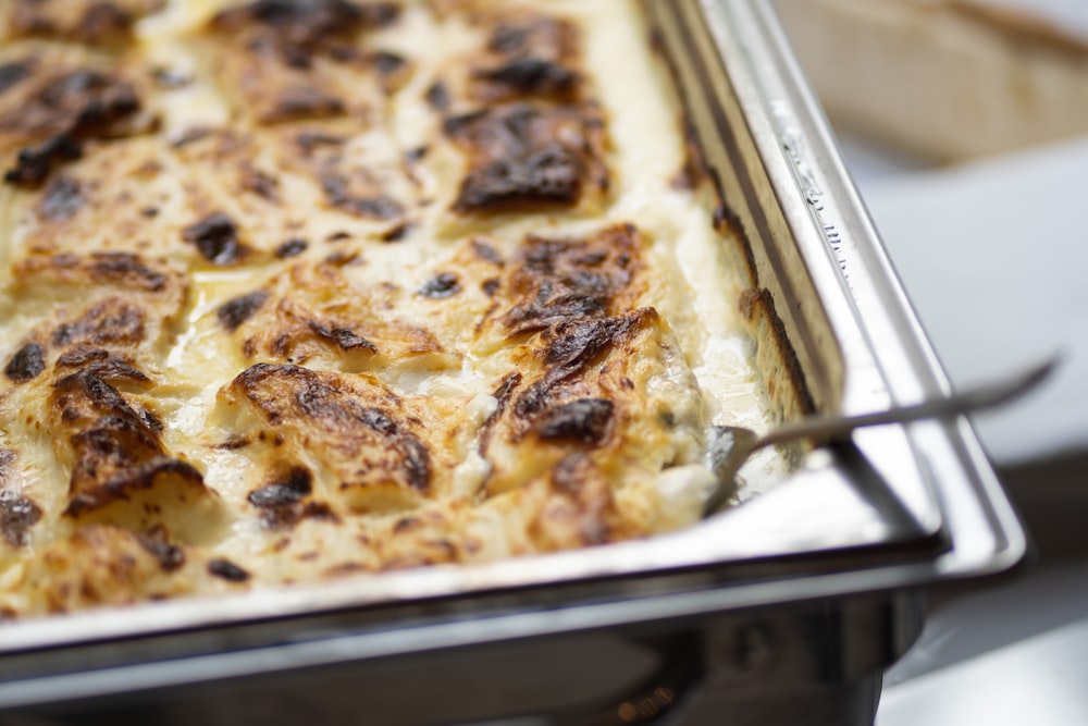 a close up of a casserole in a pan