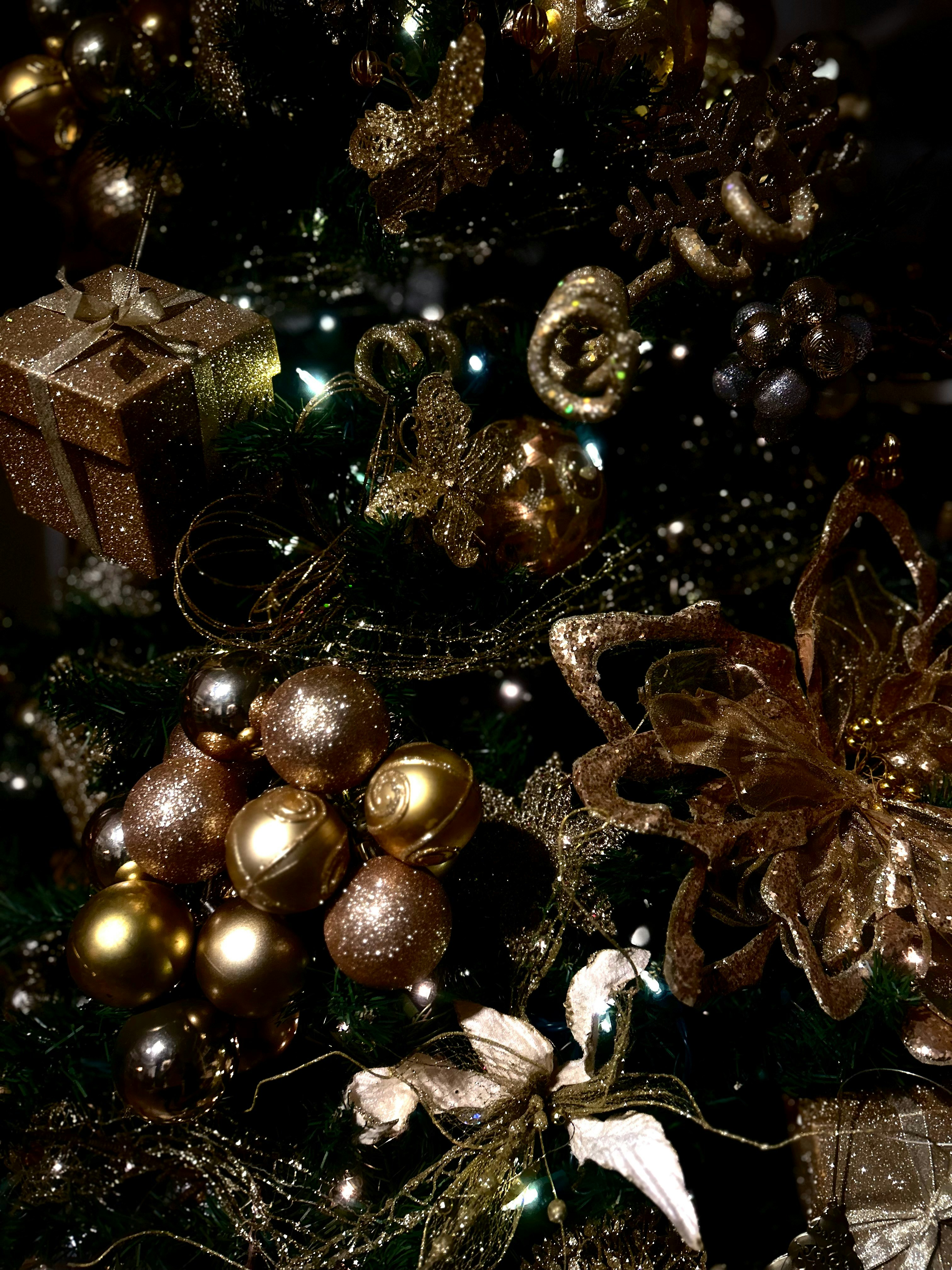 a close up of a christmas tree with ornaments