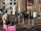 A person in a fluffy beige outfit is pushing a bright pink cargo bike with several small dogs inside. Behind, a group of people walk along a brick path near an urban building. A red no entry sign is visible, with a bicycle exception noted. Shadows indicate it's a sunny day.