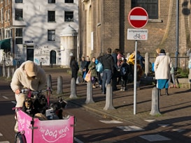 A person in a fluffy beige outfit is pushing a bright pink cargo bike with several small dogs inside. Behind, a group of people walk along a brick path near an urban building. A red no entry sign is visible, with a bicycle exception noted. Shadows indicate it's a sunny day.