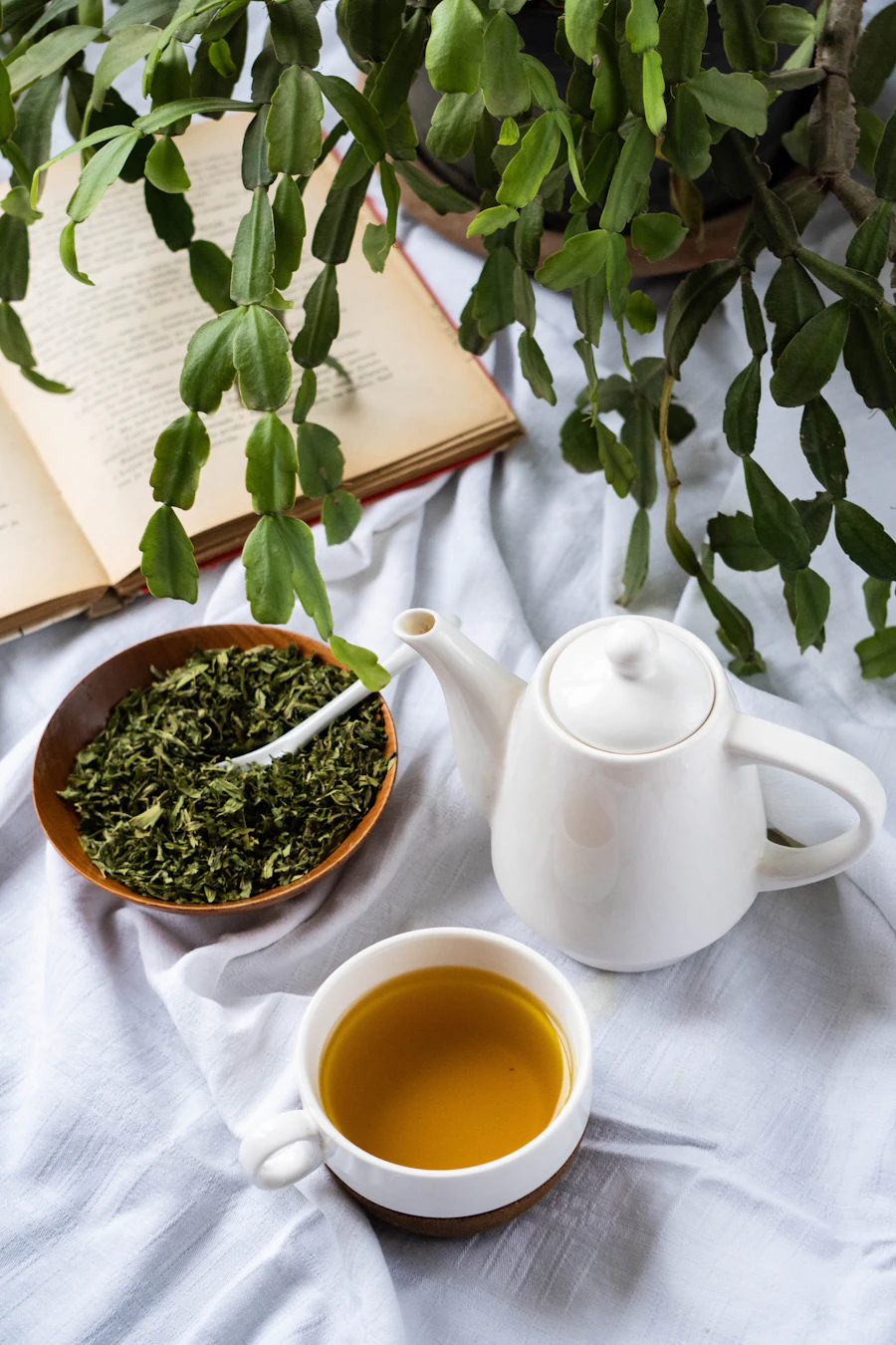 A cup of tea beside a bowl of loose tea