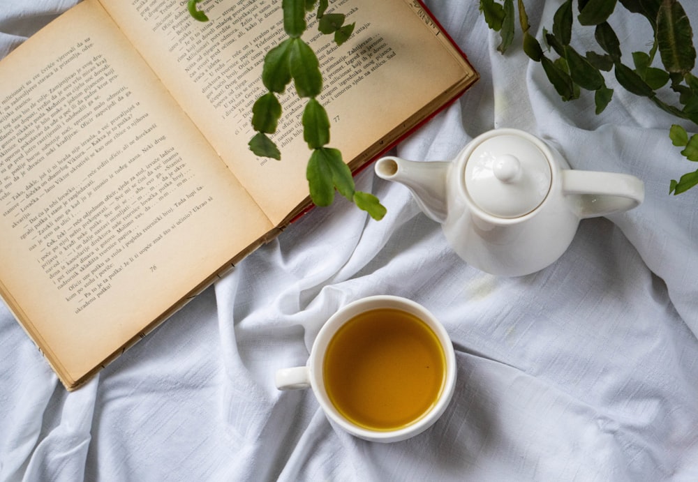 an open book and a cup of tea on a bed