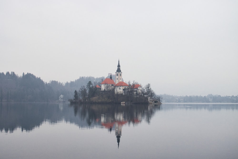 a small island in the middle of a lake