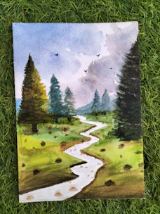 A gentle watercolor scene of children singing together outdoors with birds and trees around.