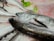 Several fresh fish are laid out on a bed of crushed ice. The fish have silver, shiny scales and large eyes. There are some green lettuce leaves in the background, adding a touch of color.