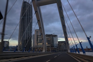 a view of a bridge with buildings in the background