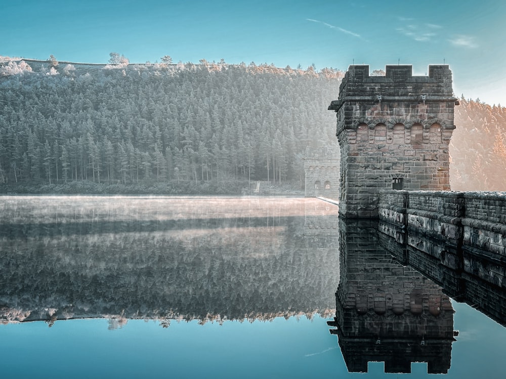 a castle sitting on top of a lake next to a forest