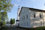 A peaceful garden area surrounding the church building.