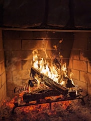 a fire burning inside of a brick fireplace
