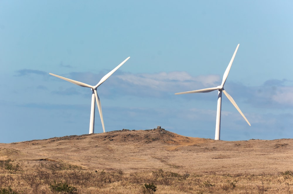 a couple of windmills that are standing in the grass