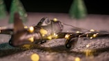 A model airplane wrapped in string lights rests on a textured surface, with small, blurry, artificial green trees positioned in the background. The scene is softly lit, creating a cozy, festive ambiance.