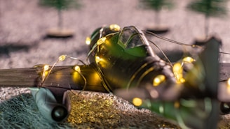 A model airplane wrapped in glowing string lights is displayed on a textured surface. The aircraft is green with a transparent cockpit, and the scene seems to be set outdoors with blurred trees in the background.