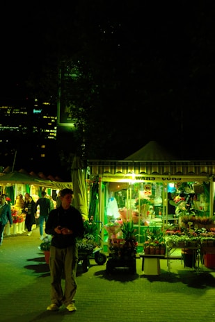 A cozy plant stall at a local Argentine fair with vibrant greenery and warm sunset light.