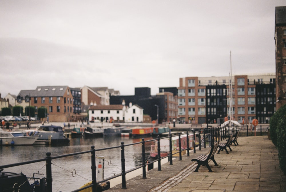 a row of benches sitting next to a body of water