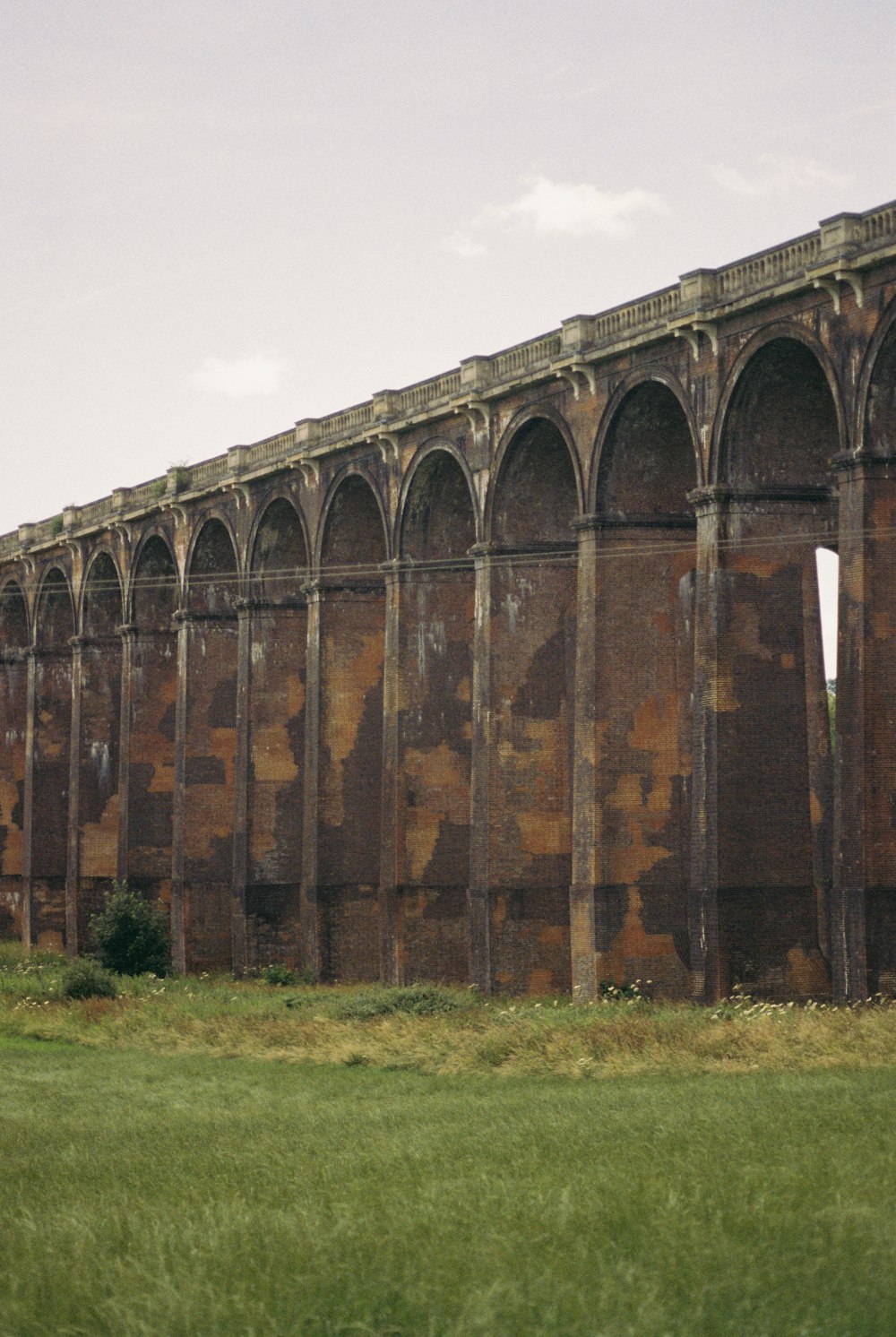 a train traveling over a bridge next to a lush green field