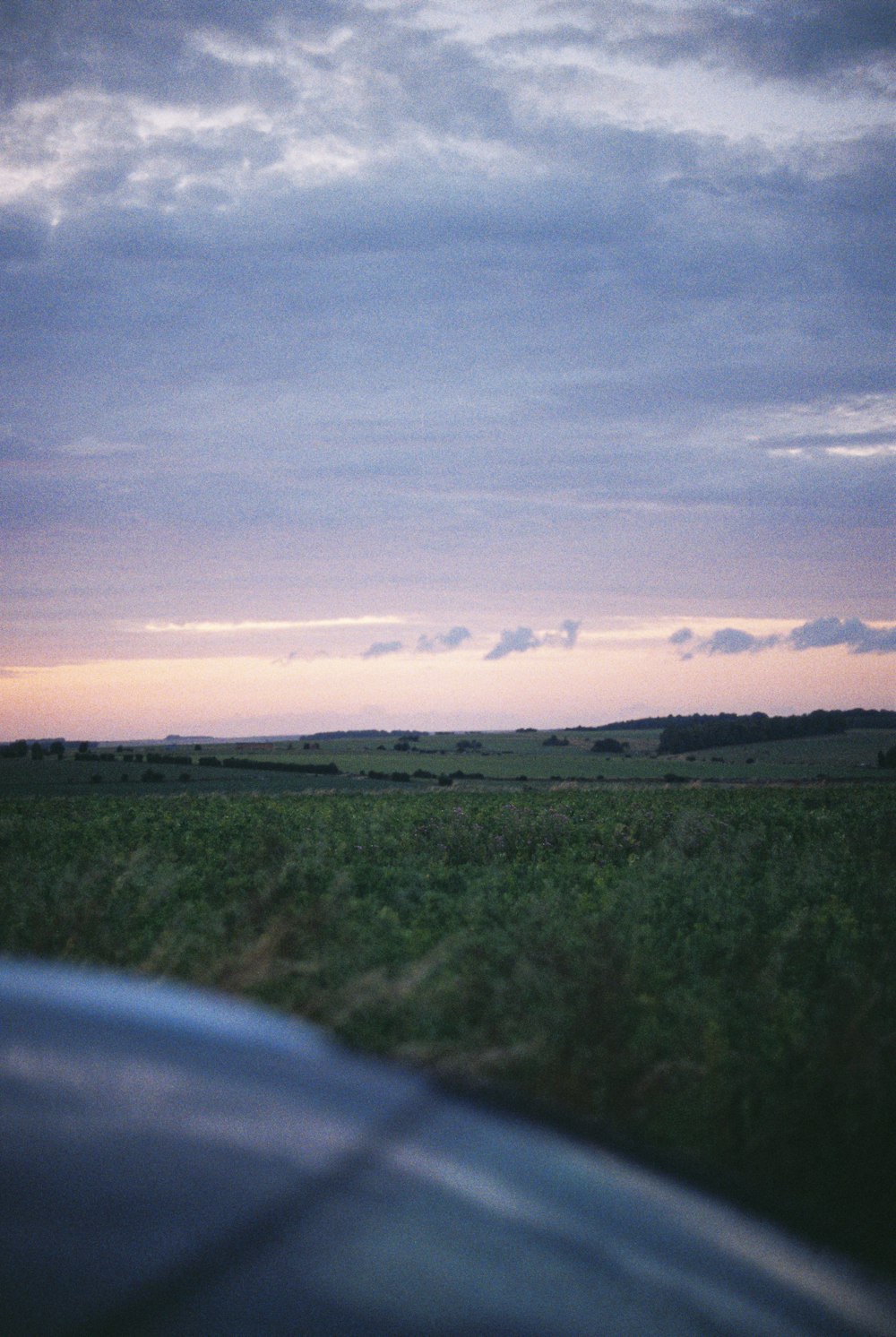 a car driving down a road next to a lush green field