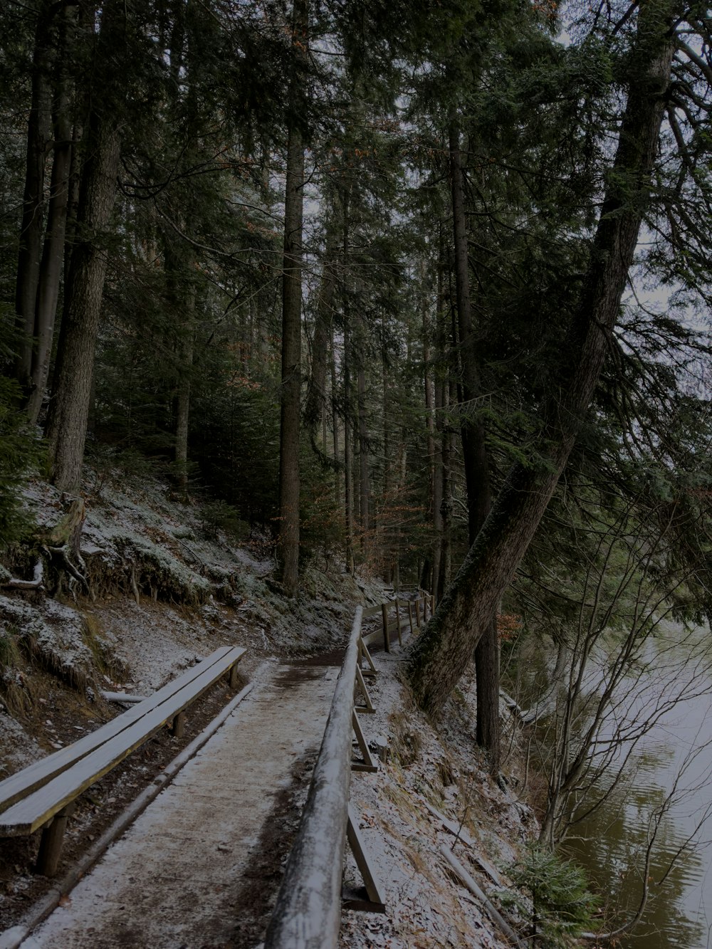 a wooden bench sitting on the side of a snow covered road