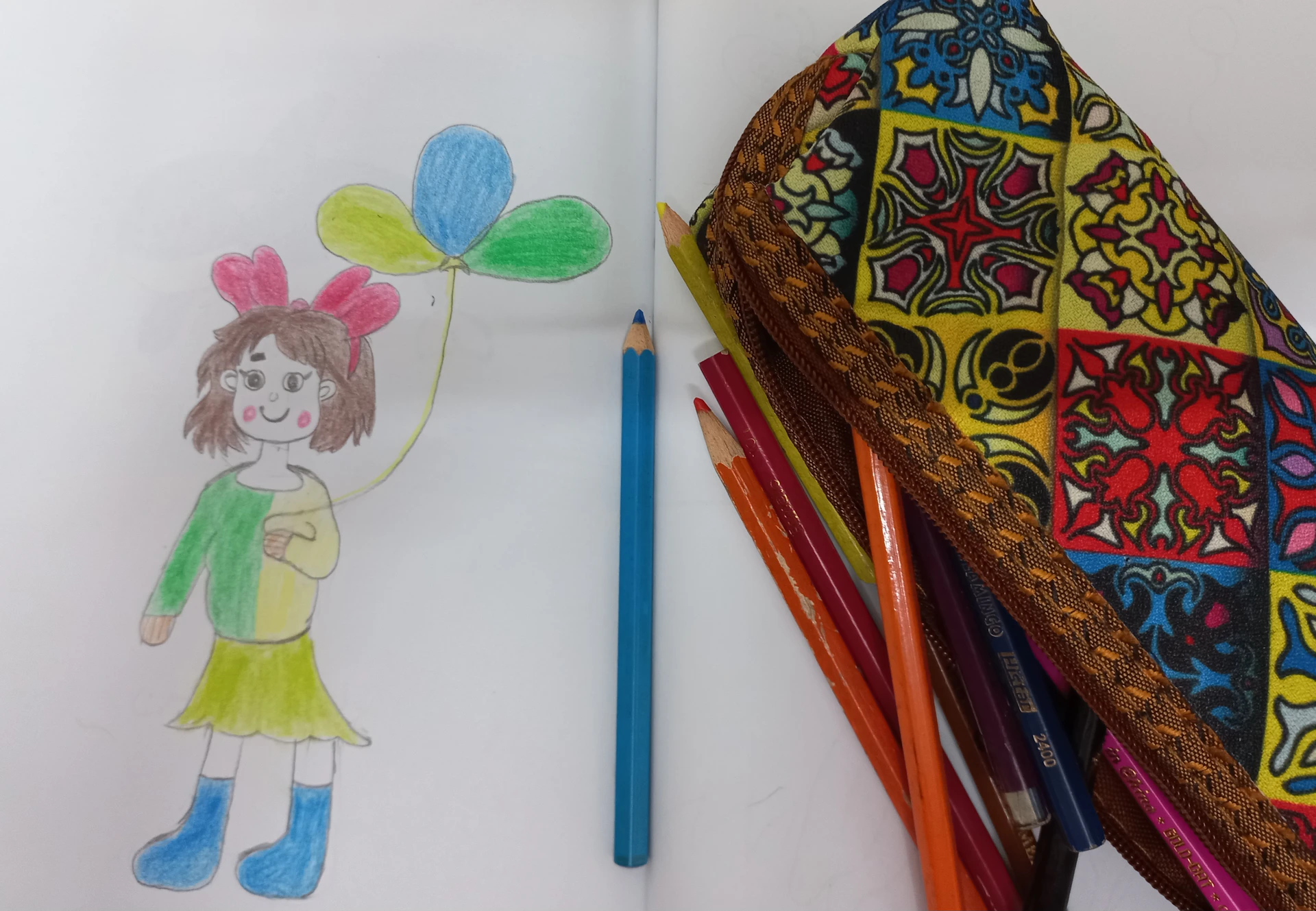 A playful sketch of a little girl holding a balloon, surrounded by whimsical animals, rendered in soft pastel tones.