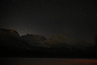A serene Bhutanese valley under a vast star-filled midnight blue sky.