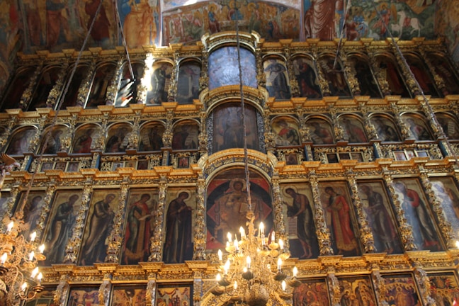 Close-up of the ornate iconostasis showcasing traditional Orthodox icons.