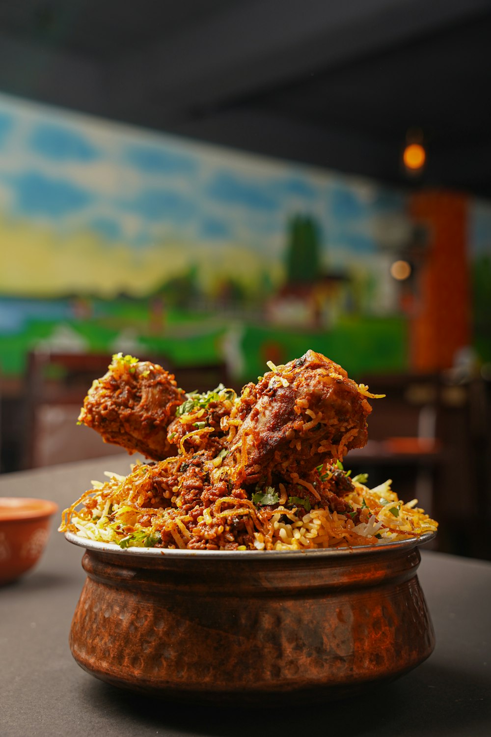 a plate of food on a table in a restaurant